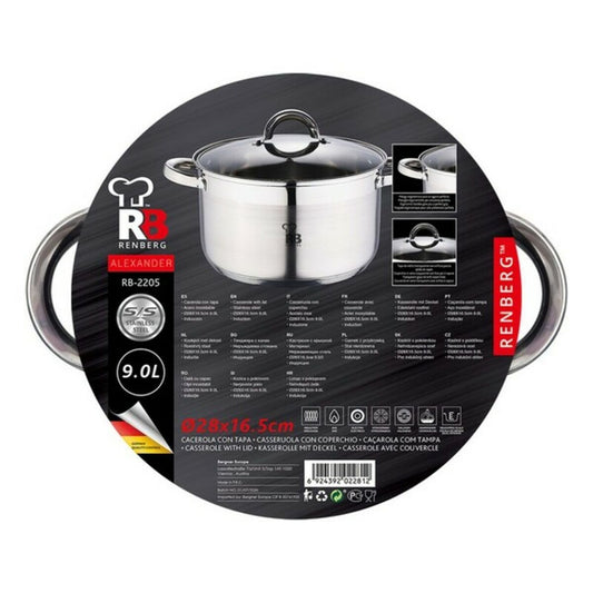 Casserole with glass lid Renberg 9 L Stainless steel Silver (28 x 16,5 cm)