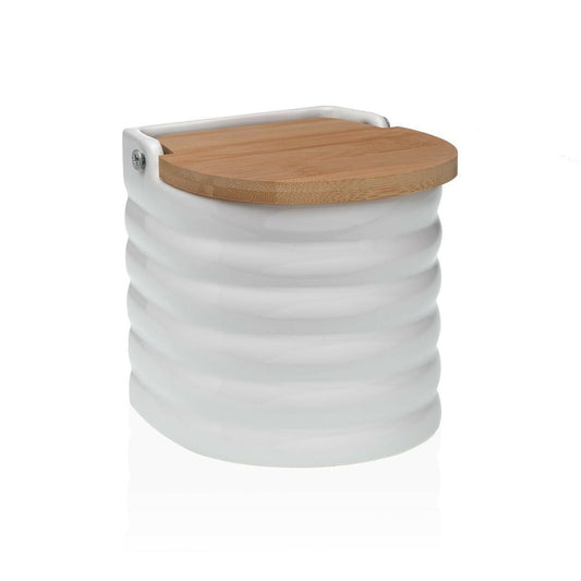 Salt Shaker with Lid Versa Stripes White Ceramic Bamboo Dolomite 11 x 11 x 11 cm