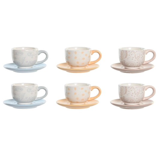 Set of Mugs with Saucers DKD Home Decor Blue Pink Metal Yellow 180 ml Dolomite