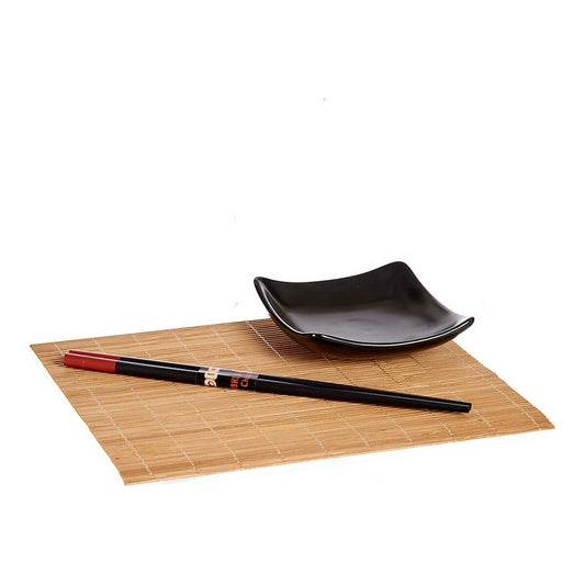 Sushi Set Black Brown Ceramic Bamboo (6 pcs)