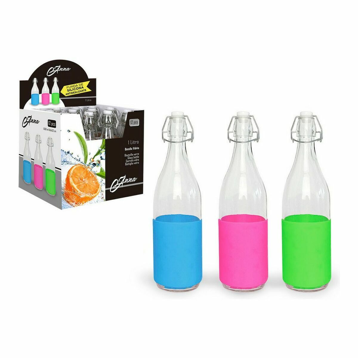 Bottle Anna Anna Glass With lid Silicone 1 L (12 Units) (1 L)