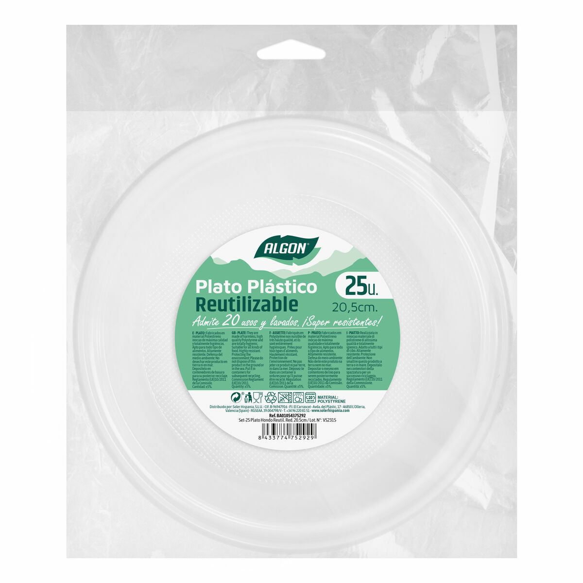 Set of reusable plates Algon Circular White Plastic 20,5 x 3 cm (24 Units)