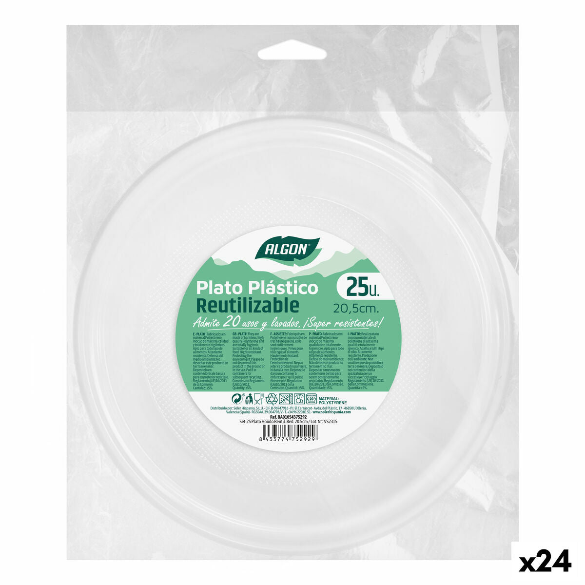 Set of reusable plates Algon Circular White Plastic 20,5 x 3 cm (24 Units)