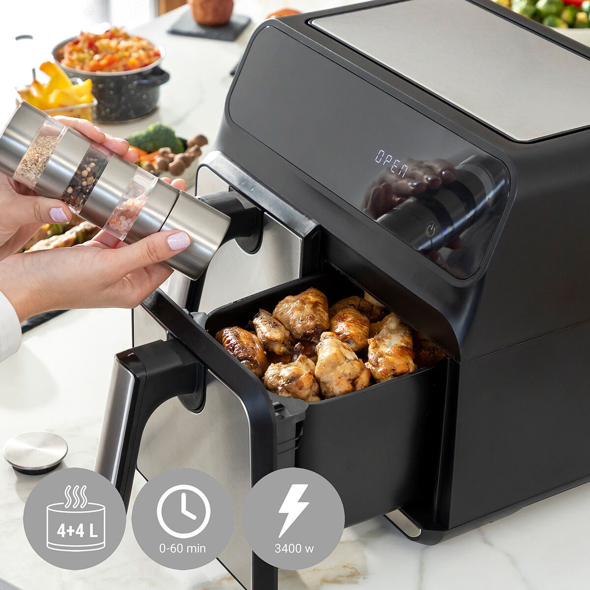 No-Oil Fryer InnovaGoods Fryinn Double 8000 Black Stainless steel 3400 W 8 L