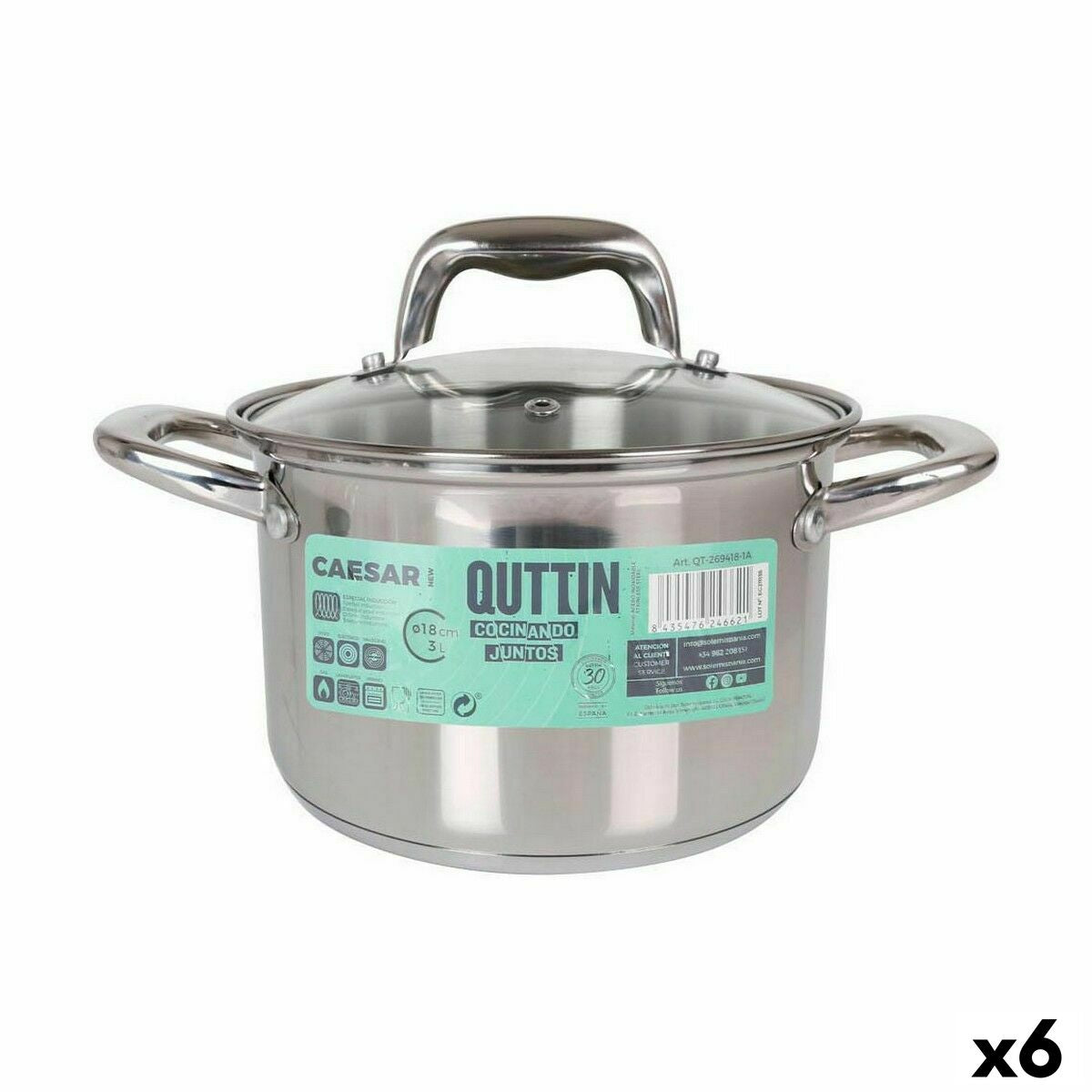 Pot with Glass Lid Quttin Caesar Steel ø 18 x 12,5 cm (6 Units)