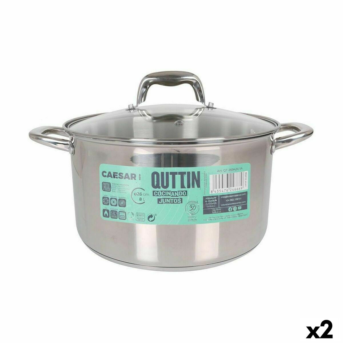 Pot with Glass Lid Quttin Caesar Steel ø 26 x 15,5 cm (2 Units)