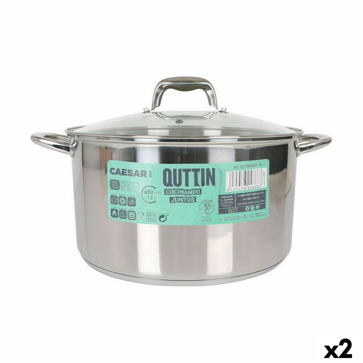 Pot with Glass Lid Quttin Caesar Steel ø 30 x 17,5 cm (2 Units)