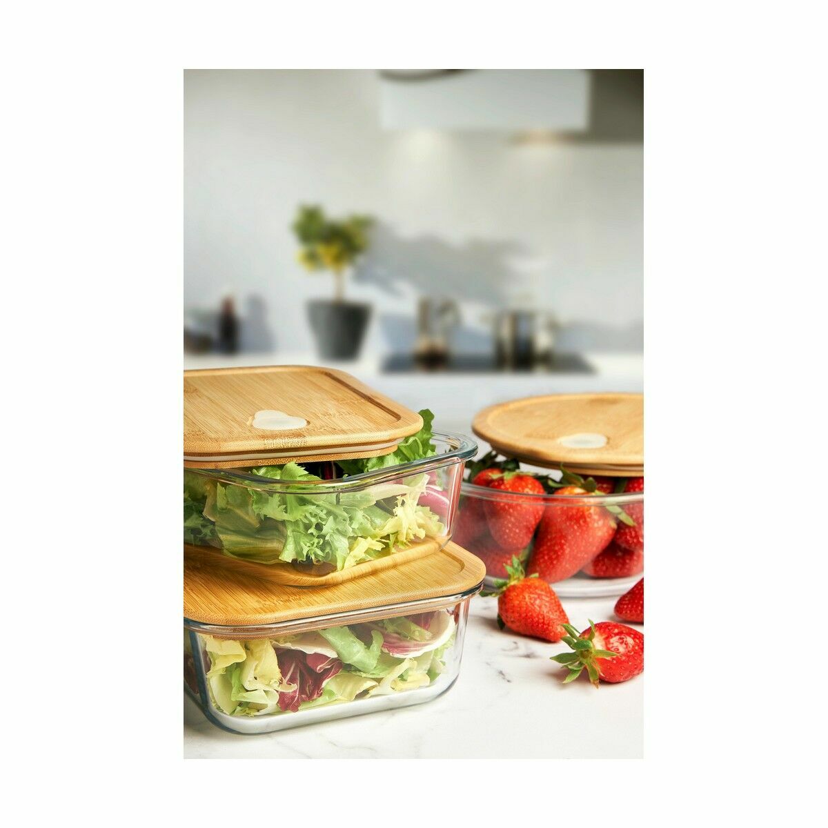 Round Lunch Box with Lid Quttin Bamboo Borosilicate Glass Ø 13,5 cm 400 ml (12 Units)