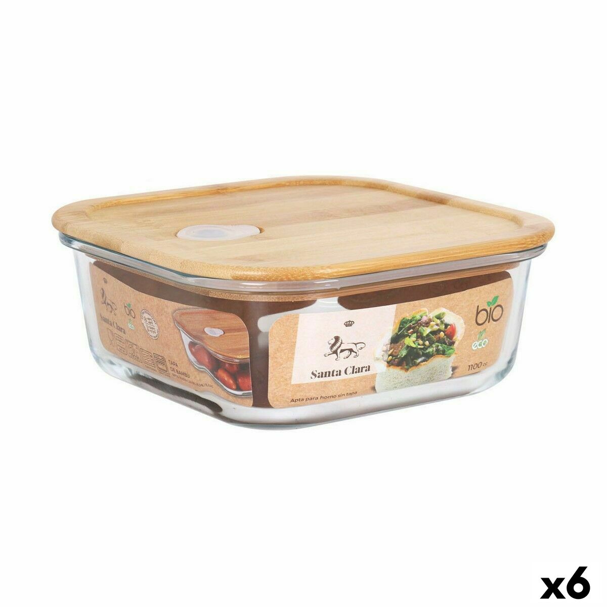 Square Lunch Box with Lid Santa Clara   Bamboo Borosilicate Glass 1,1 L 18 x 18 x 7 cm (6 Units)